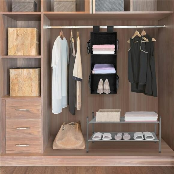 Hanging Closet Organizer 3 Shelf Foldable Storage Rack for Sweaters Clothes - Picture 6 of 7